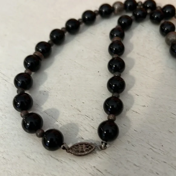 Antique Native American Sterling silver black onyx graduated bead necklace